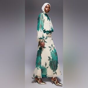 ASOS Green Floral Long Sleeve Dress